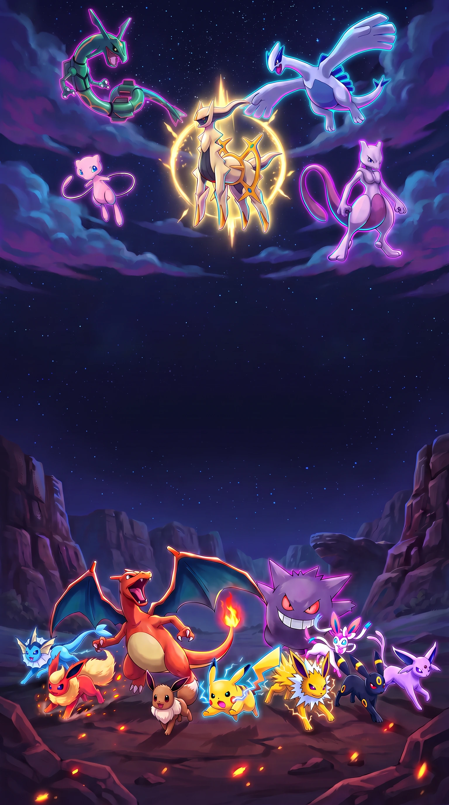 Charizard, Pikachu and the Eeveelutions in an open canyon with Mewtwo, Mew, Rayquaza and other legendary Pokémon in the sky